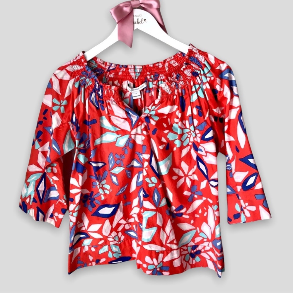 Diane Von Furstenberg Designer Bright Red Floral Print Cotton Cropped Top Small‎